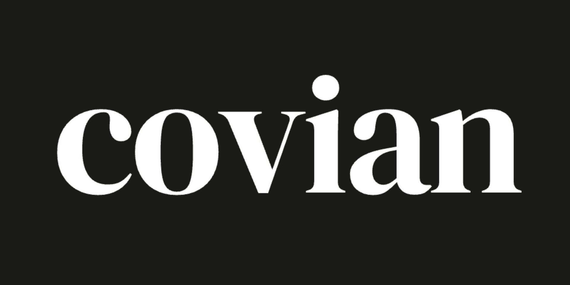 The word "covián" is displayed in bold white serif font on a solid black background, creating a striking and modern contrast.