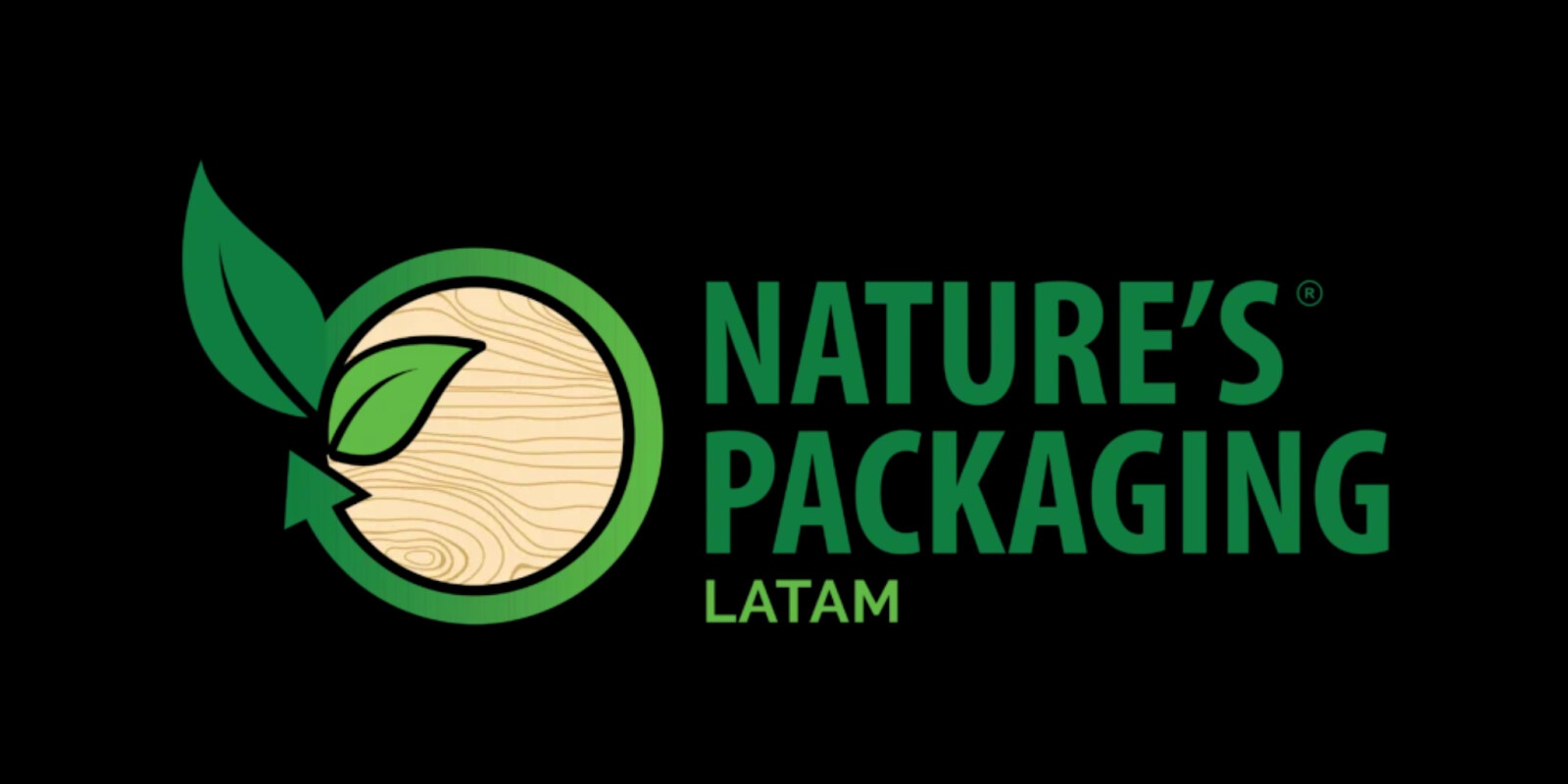 Nature’s Packaging LATAM logo featuring a green leaf, wood texture, and bold text symbolizing sustainable wood packaging solutions.