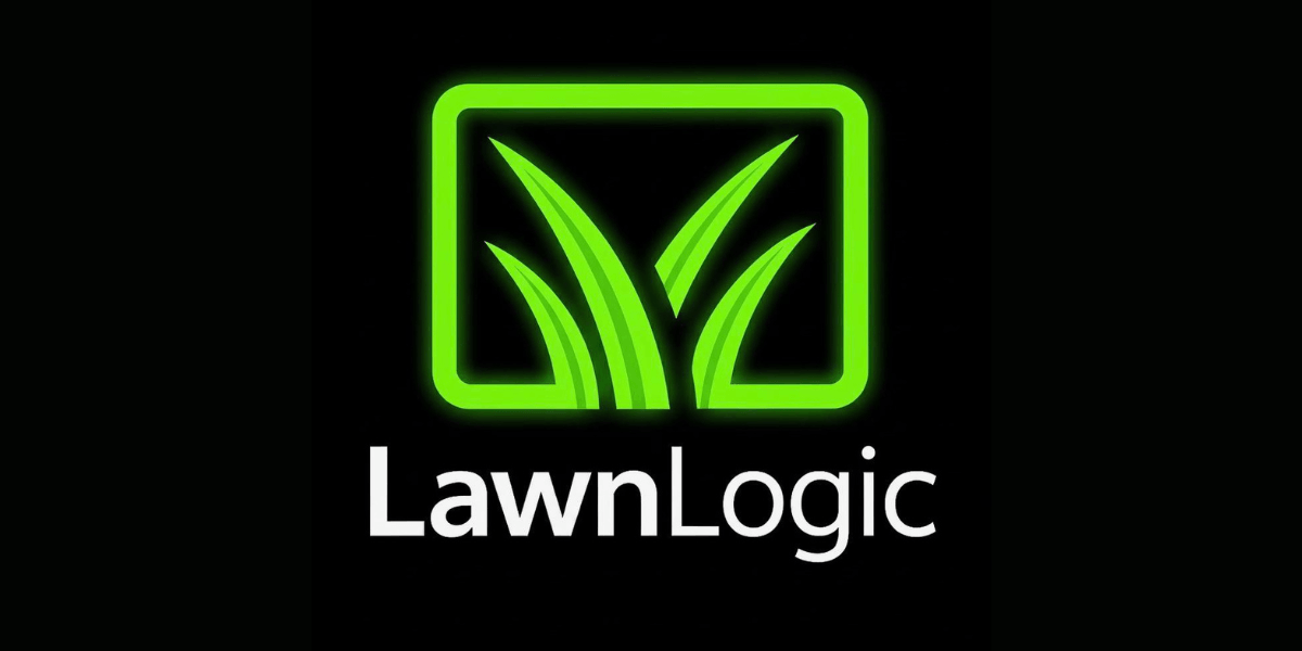 LawnLogic Turf & Outdoor logo with bright green grass design on a black background.