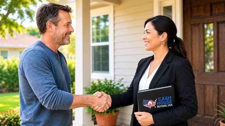 Homeowner shakes hands with a Cash House Buyers USA representative outside a residential property.