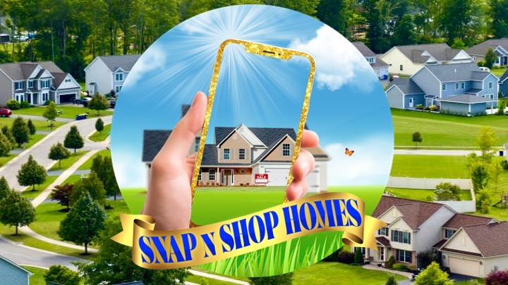 Hand holding a golden smartphone displaying a home with a 'For Rent' sign in a suburban neighborhood, with 'SNAP N SHOP HOMES' banner beneath.