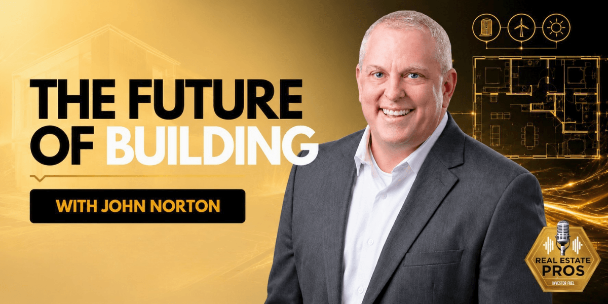 John Norton featured on The Future of Building podcast with construction design graphics and Real Estate Pros branding.