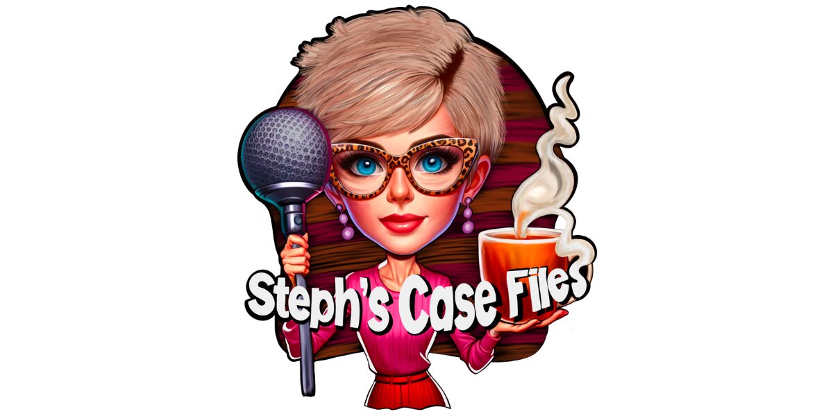 Cartoon of a woman holding a microphone and coffee cup with 'Steph’s Case Files' text, representing a true-crime platform.