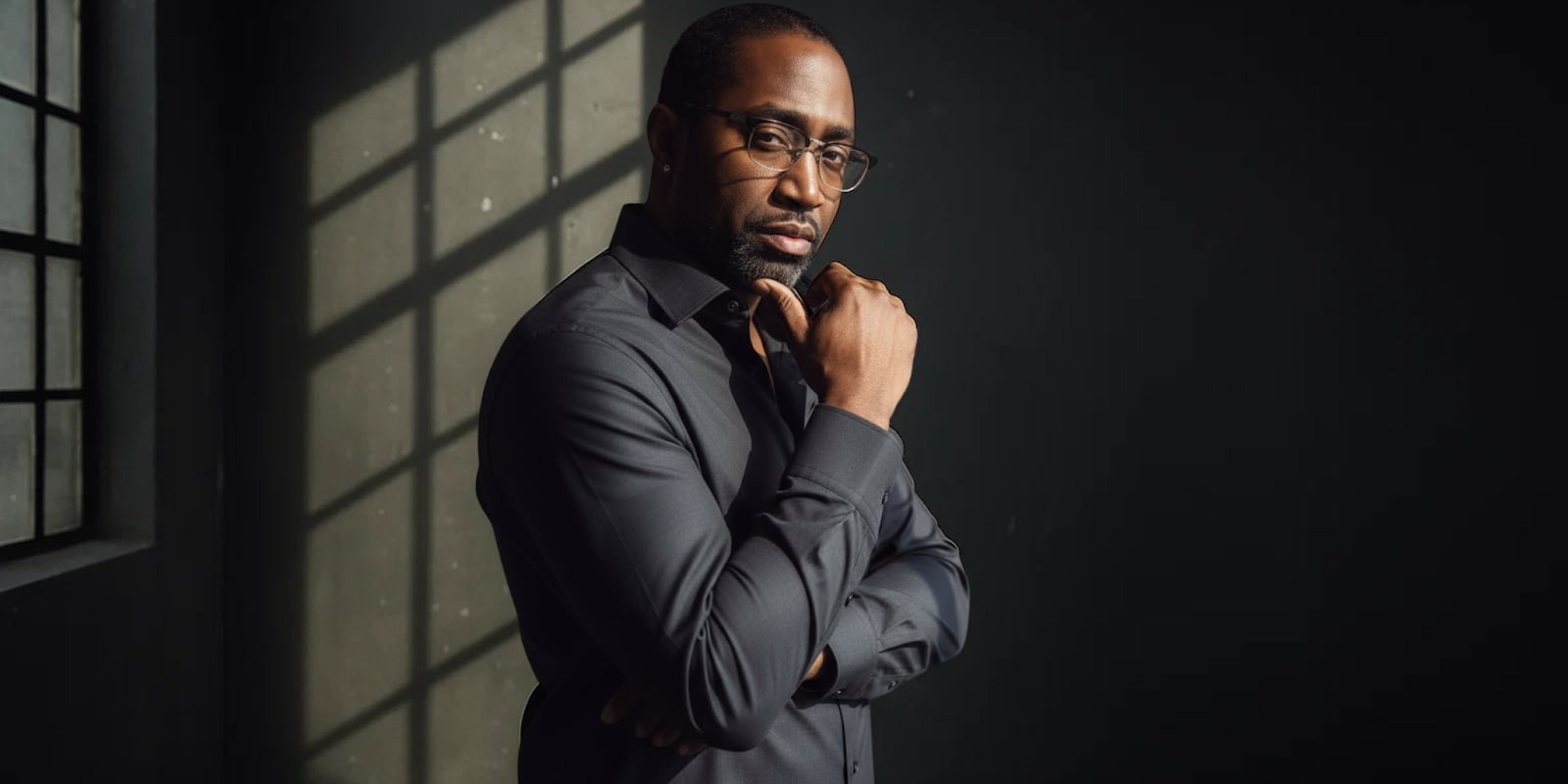 Portrait of a confident Black man in glasses posing thoughtfully in window light, echoing themes of resilience, legacy, and empowerment.
