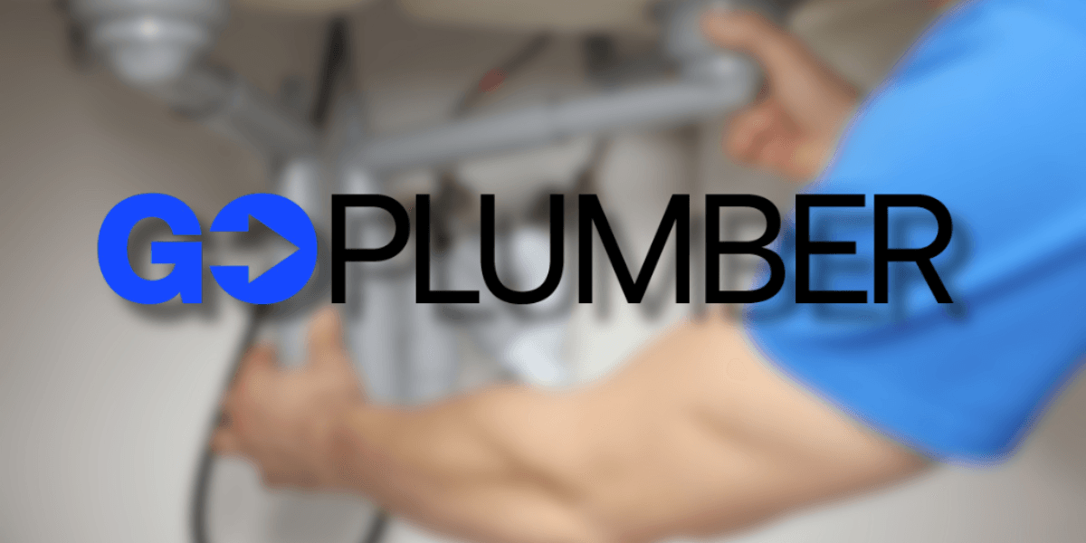 Plumber fixing pipes with GoPlumber logo emphasizing easy-to-use plumbing management software.