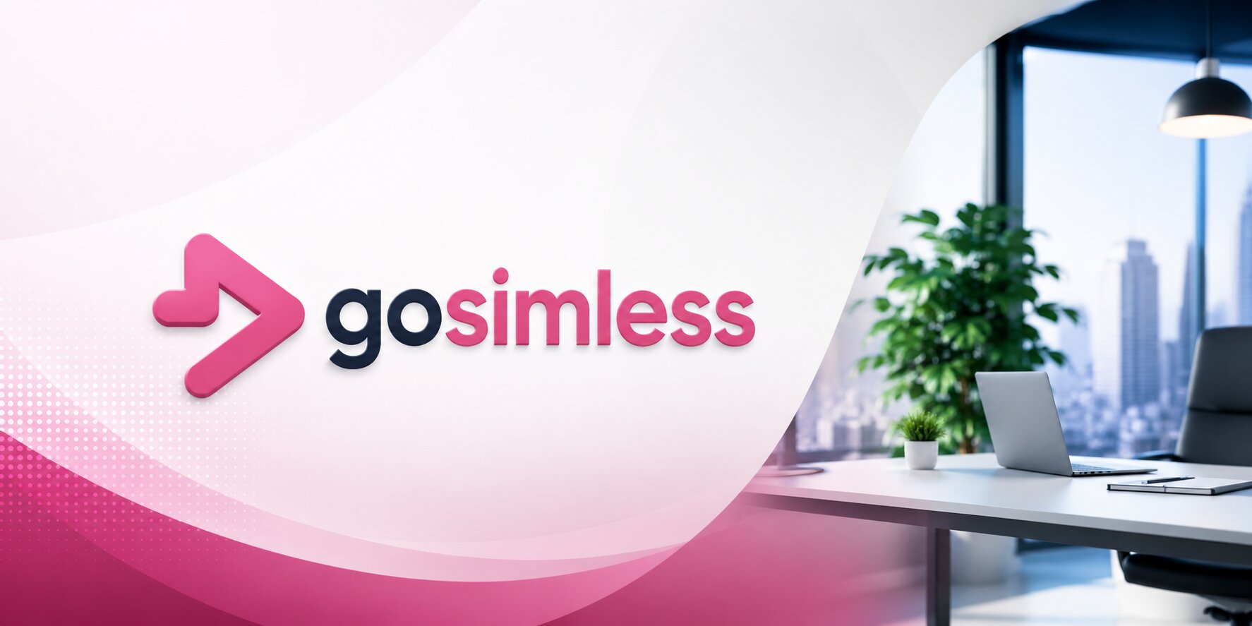 gosimless logo beside modern office desk with laptop and city skyline background.