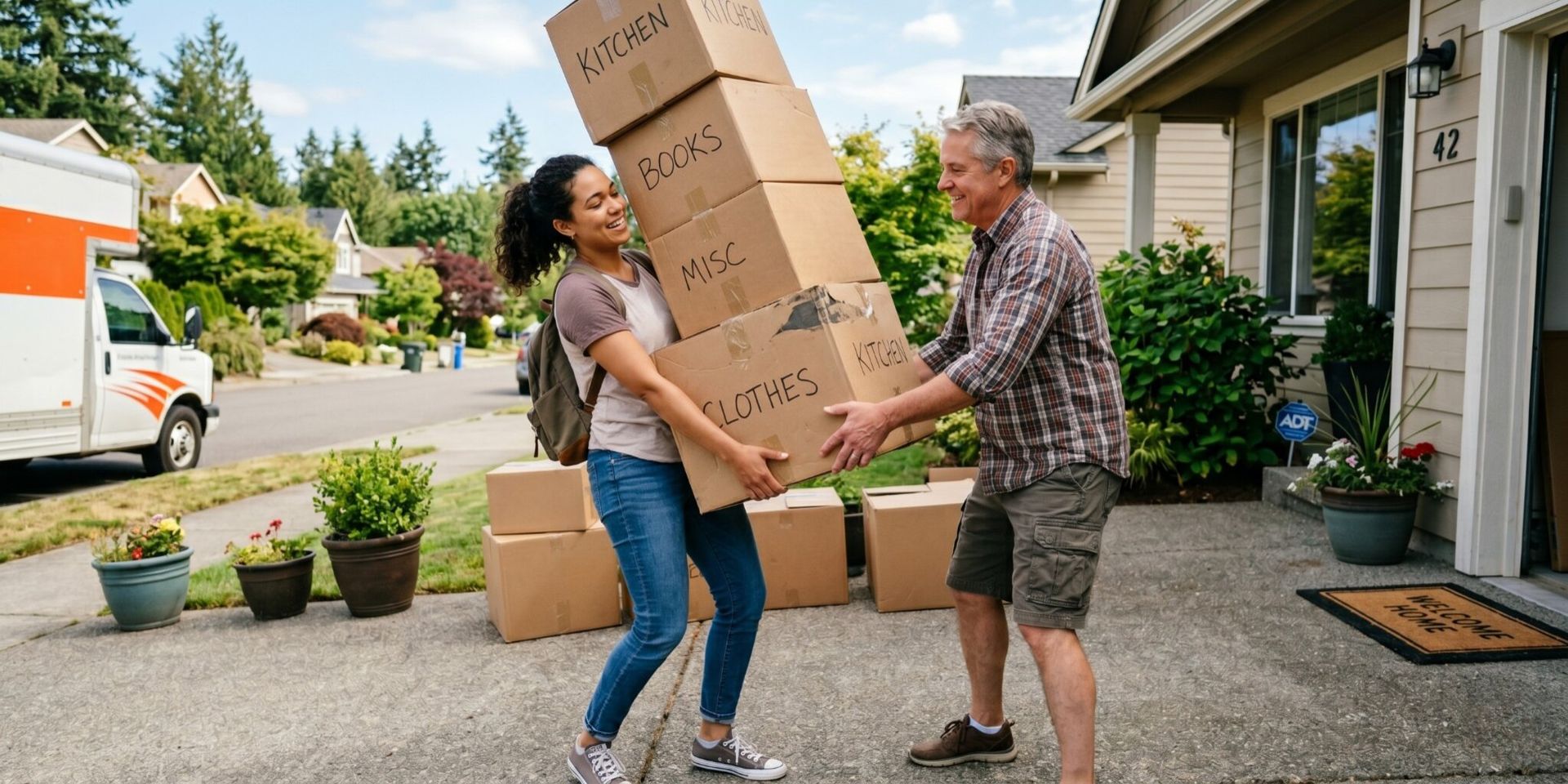New resident receives moving boxes from a neighbor, reflecting support during relocation and community integration.