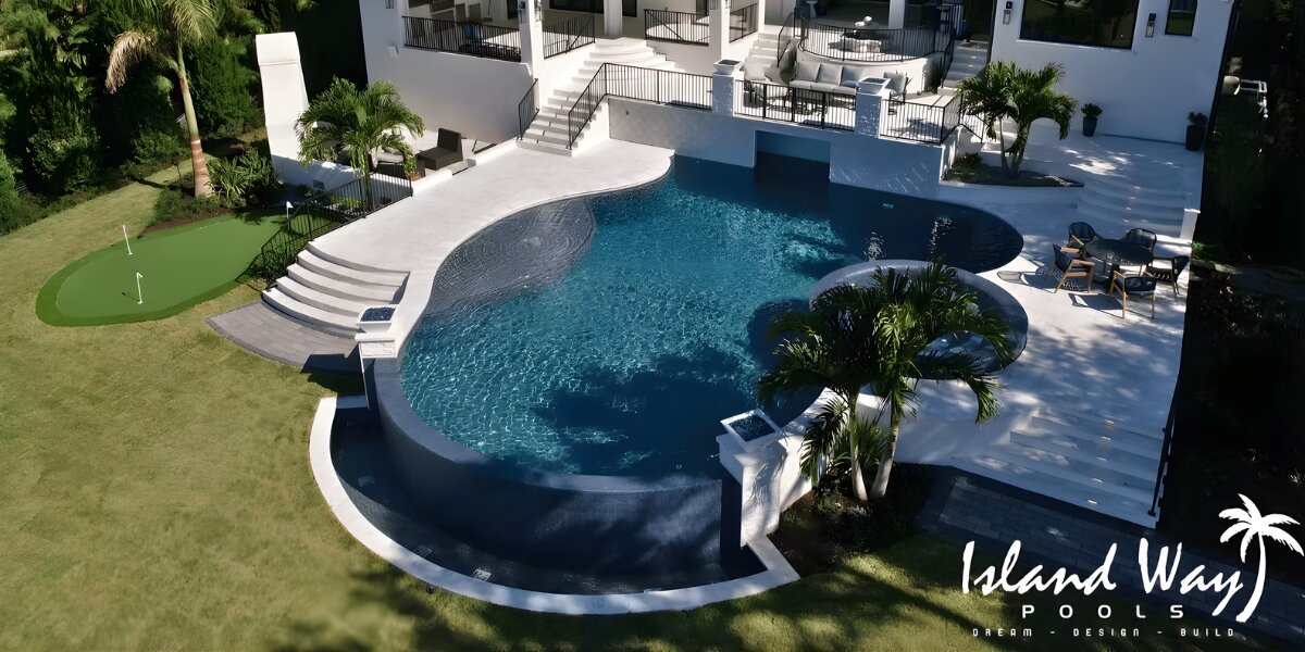 Elevated perspective of a home with a pool, highlighting the elegant design and outdoor space transformation by Island Way Pools.