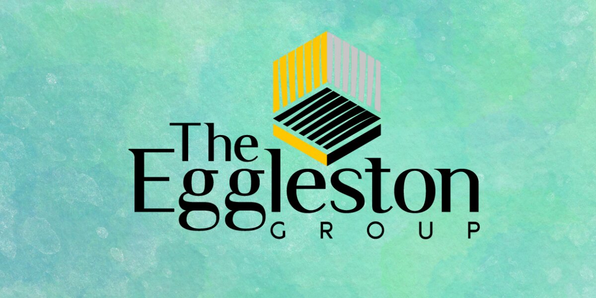 Eggleston Office logo with stylized office furniture icon on a teal textured background.