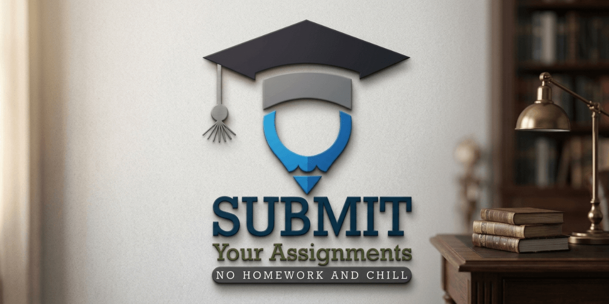 Submit Your Assignments academic support logo with graduation cap and educational branding in an office setting.