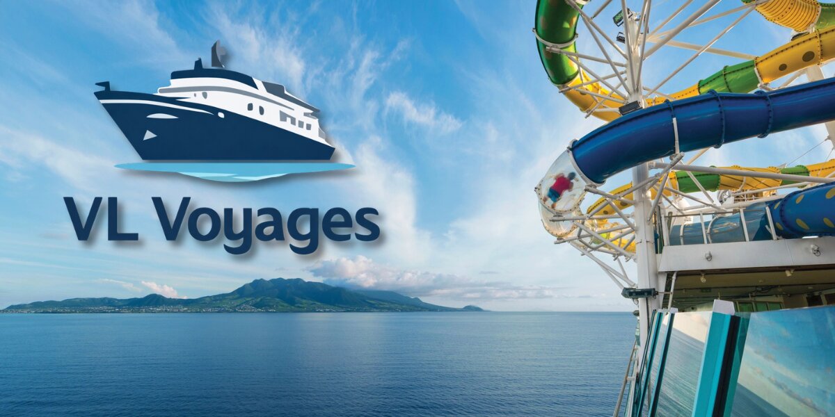 a cruise ship with a water slide and the VL Voyages logo, symbolizing personalized, luxurious cruise experiences.