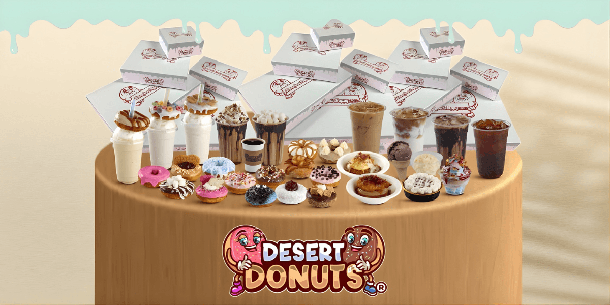 The image showcases Desert Donuts’ vibrant dessert offerings, emphasizing their unique menu of fresh, cooked-to-order donuts and beverages.