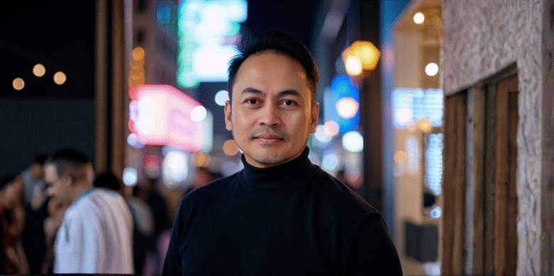 Remel Garganera, founder of TGL Innovations, stands confidently in a bustling city, exemplifying leadership and the human-centered approach to business funding.