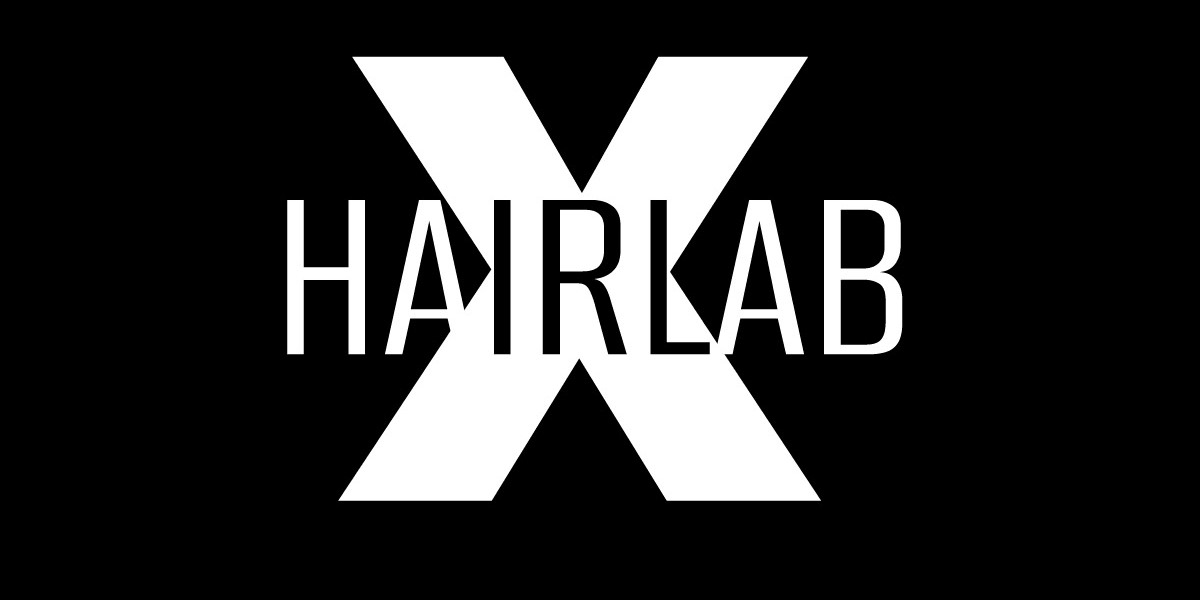 HairLab logo in bold white letters on a black background, with the 'X' symbol placed between the words 'HAIR' and 'LAB', representing a modern, professional brand in the beauty and hair care industry.