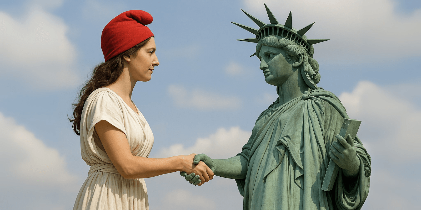 Person dressed in a white gown and red hat shaking hands with the Statue of Liberty, set against a blue sky.