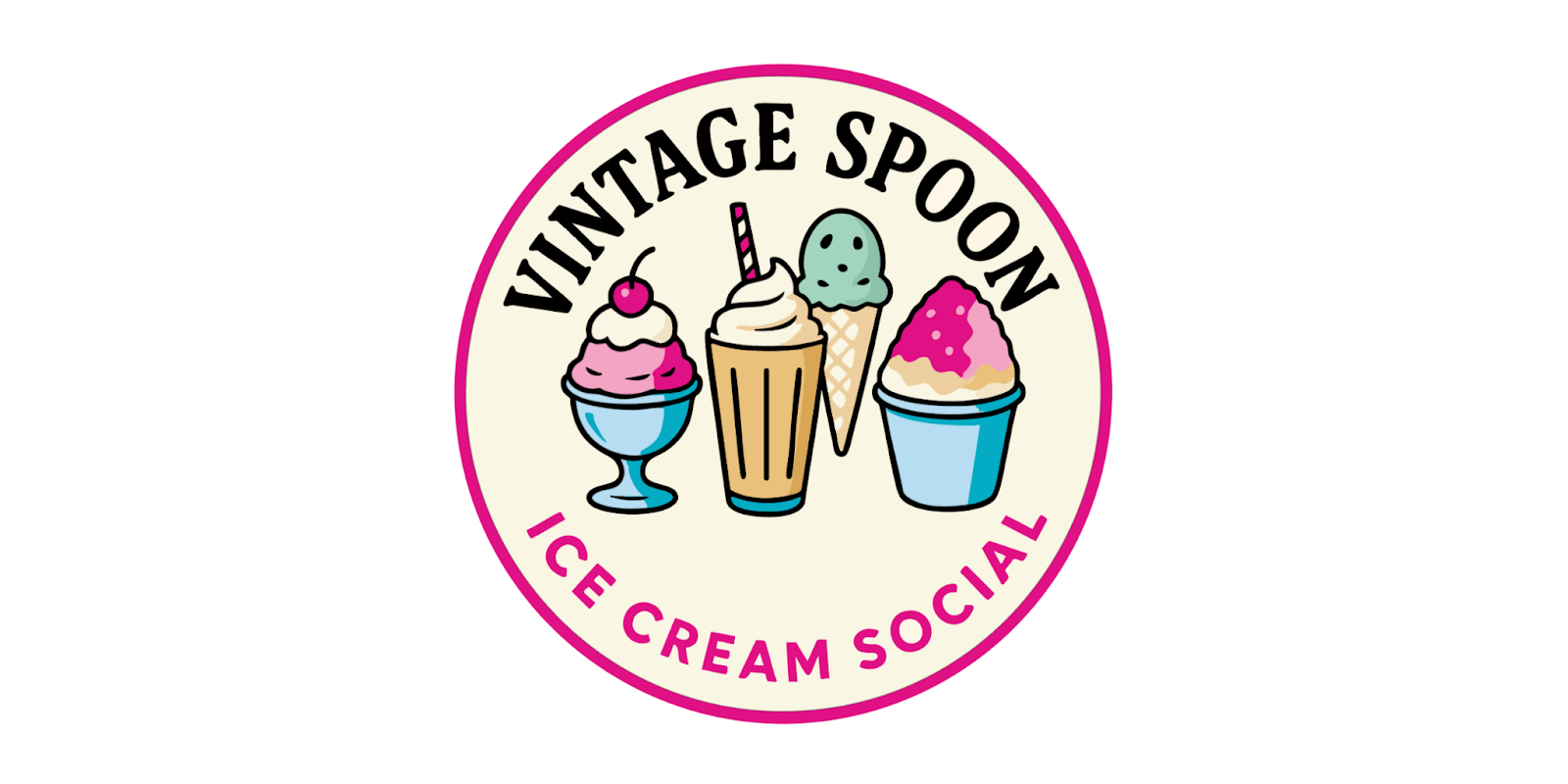 Vintage Spoon Ice Cream Social logo featuring various ice cream treats in a retro style.