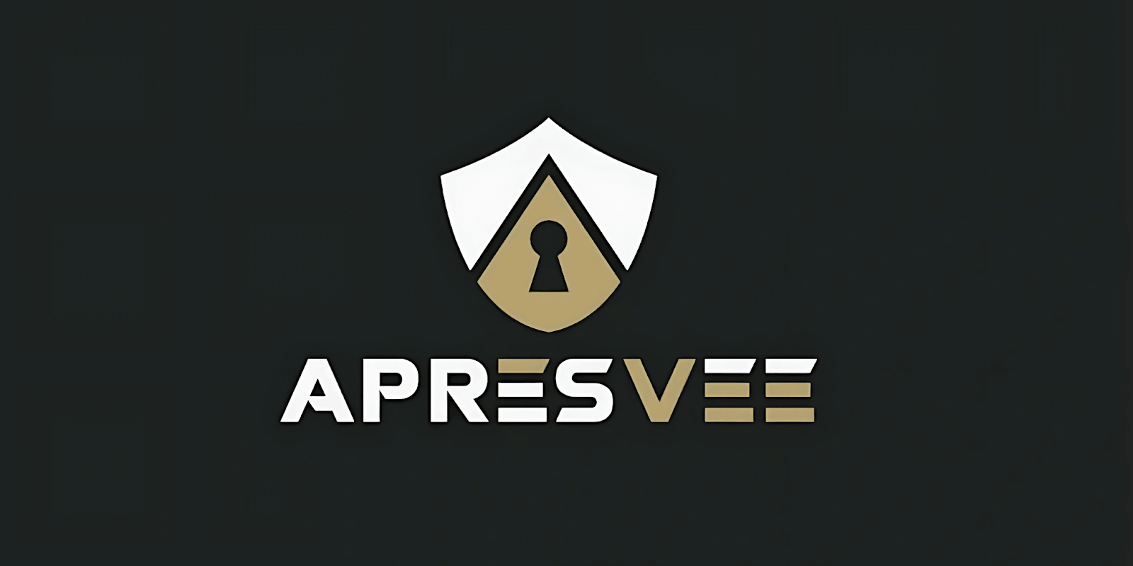 ApresVee logo with shield, keyhole, and gold-and-white stylized text on dark background.