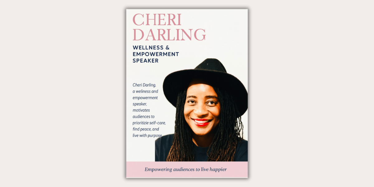 Cheri Darling smiling in a black hat on promotional poster as a wellness and empowerment speaker.
