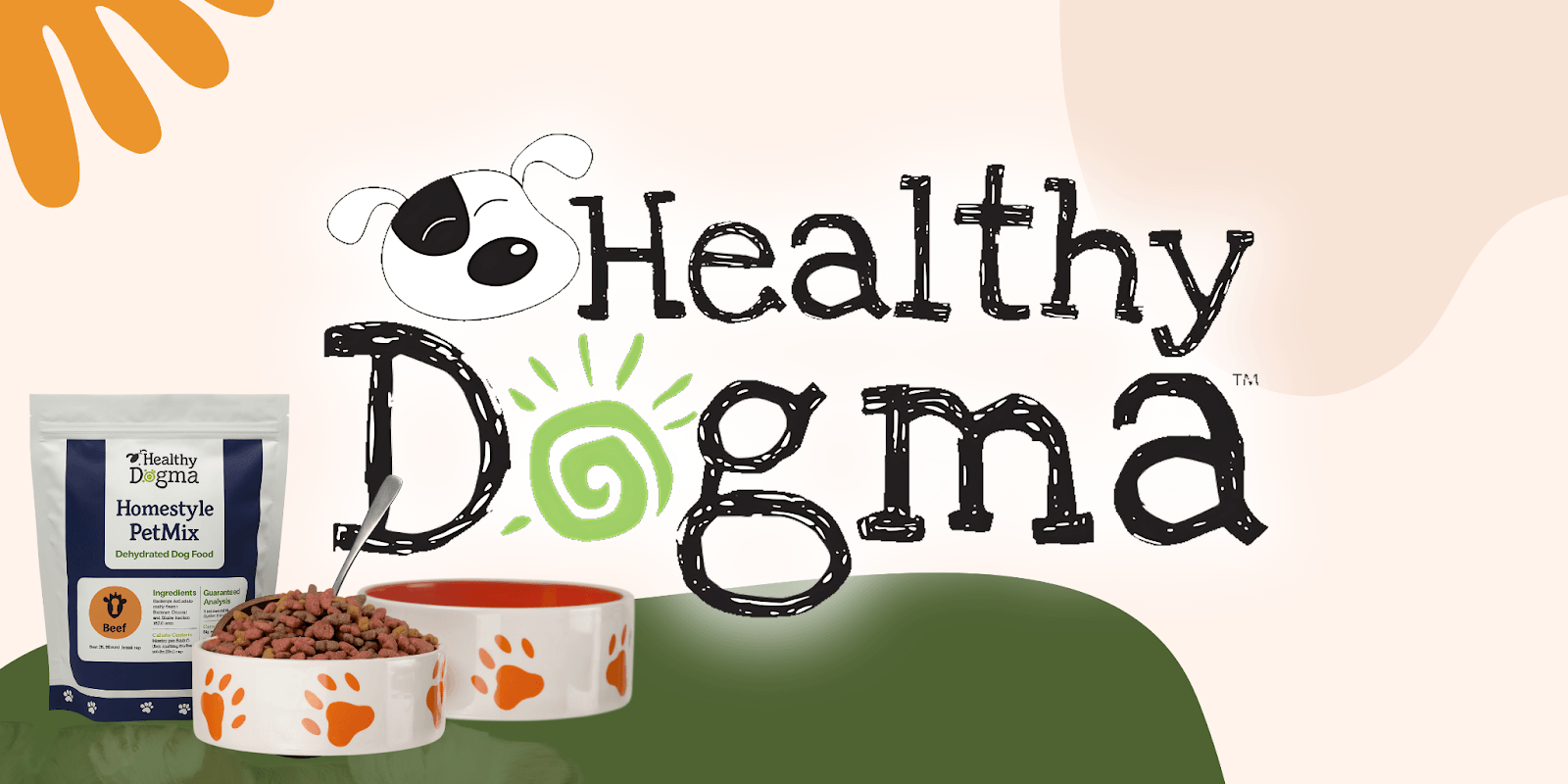 Healthy Dogma brand logo with a vibrant and playful design, featuring Homestyle PetMix beef flavor and a bowl of dog kibble ready for mealtime.