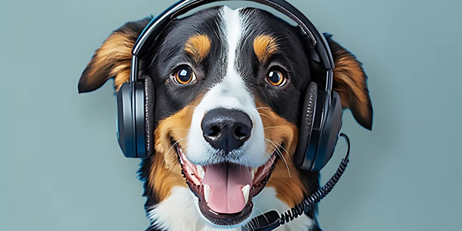 Happy dog wearing a headset, representing TelaVets' virtual veterinary care — accessible, affordable, and stress-free telehealth services for pets.