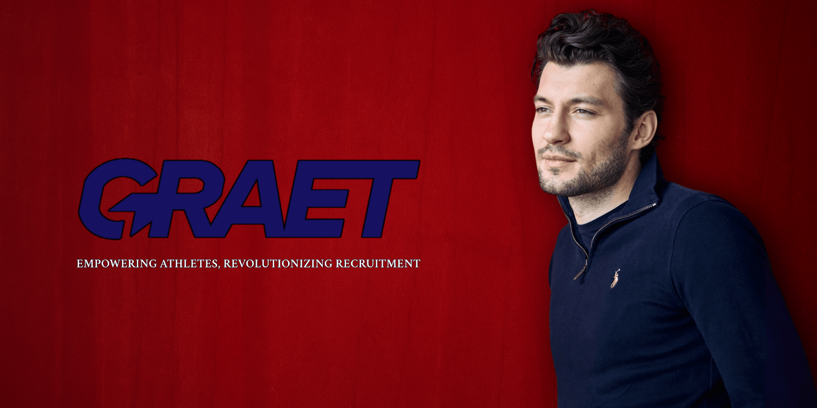Man standing beside GRAET logo and slogan, representing athlete empowerment and innovative sports recruitment platform.