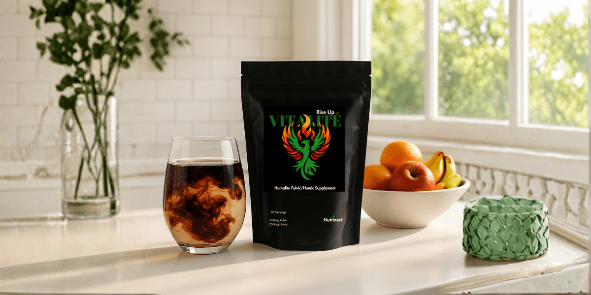 Vitalité Humalite supplement by Nutrinect, emphasizing foundational wellness with premium fulvic and humic acids for cellular health support.