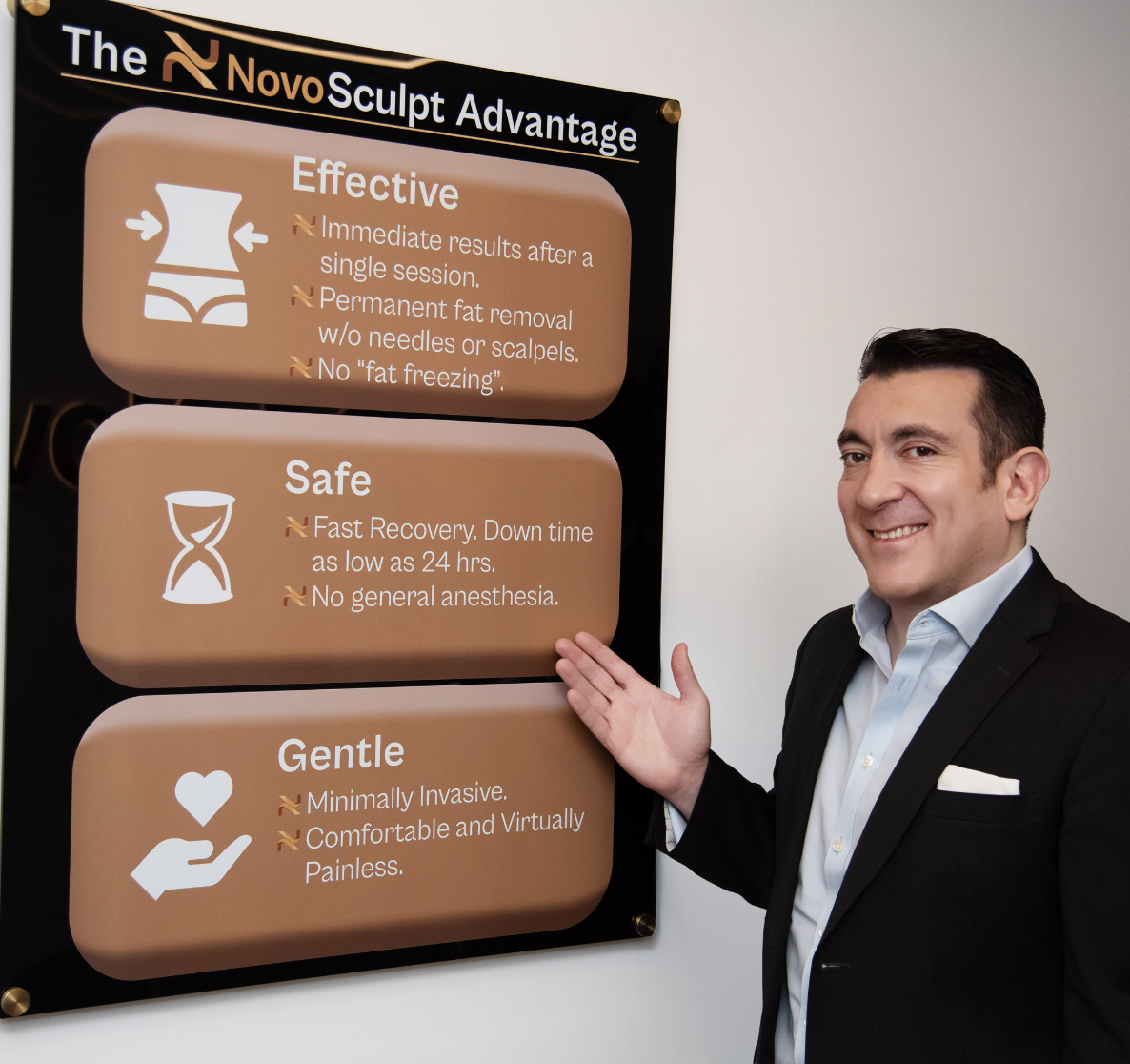 A professional man standing next to a NovoSculpt Advantage promotional board, highlighting the benefits of effective, safe, and gentle fat removal treatment without needles, anesthesia, or freezing. The board emphasizes fast recovery, minimal invasiveness, and comfort.