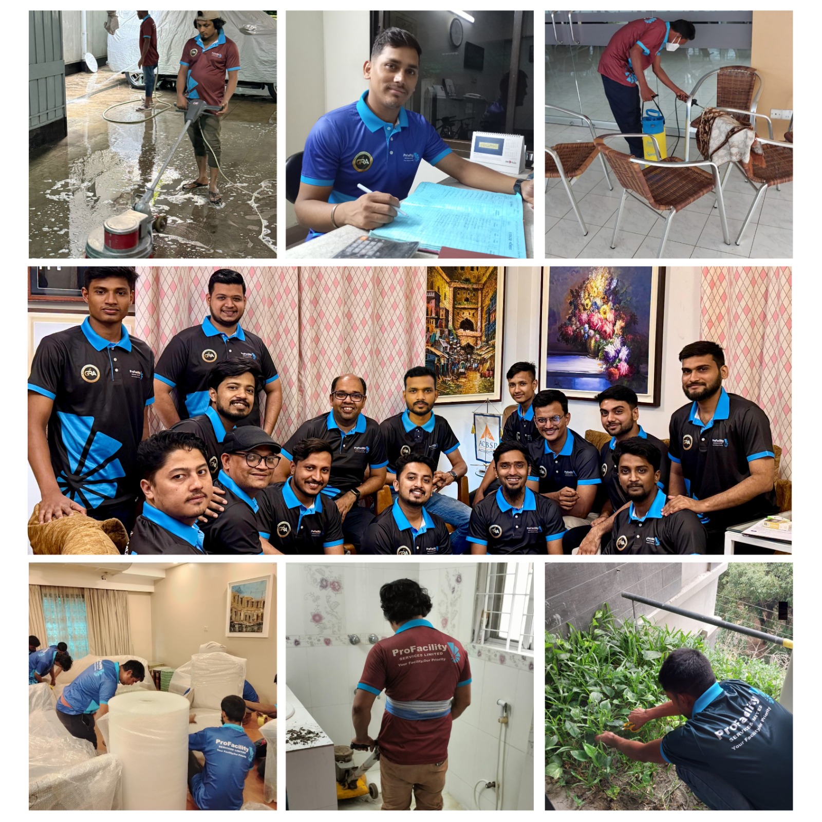Collage of ProFacility team in action, including employees in uniforms engaged in various tasks such as water cleaning, pest control, paperwork, team photo, and home maintenance services like packaging and working in a bathroom, showcasing a versatile and dedicated workforce.