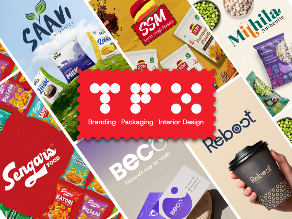 A collage of branding, packaging, and interior design work from various companies, showcasing products like Saavi Organics, SSM, Mihila Authentic, Becco, and Reboot, with the logo of TRX in the center.
