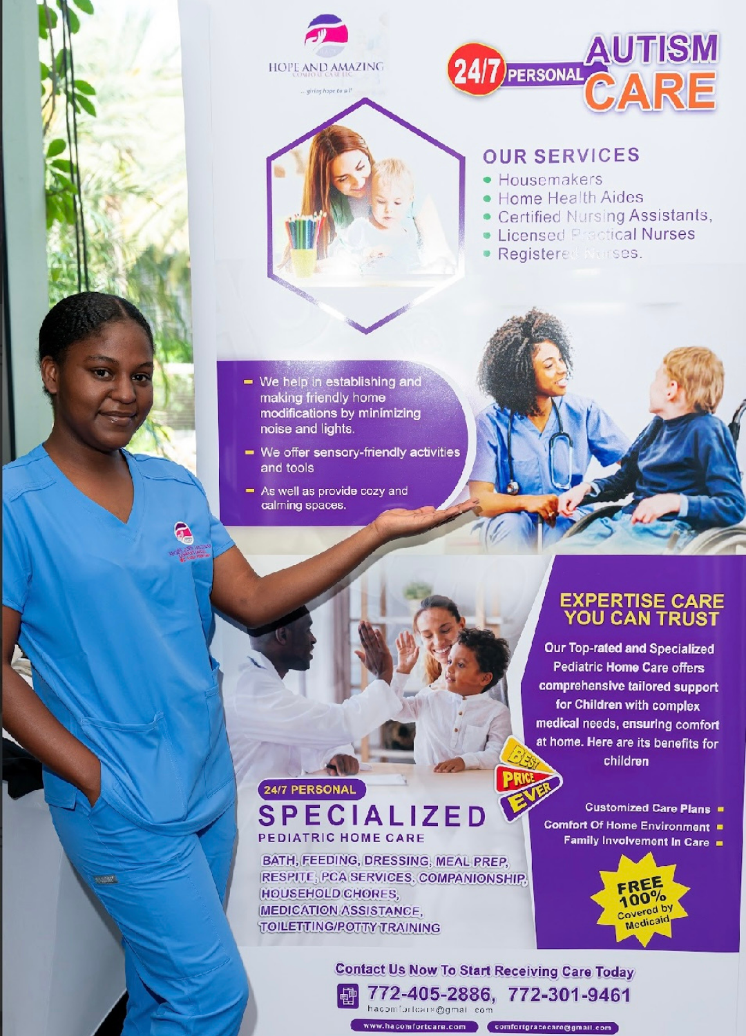 A woman in a blue uniform stands next to a banner displaying the services of Hope and Amazing Comfort Care LLC, including pediatric home care for children with autism. The banner lists services such as housemaking, personal care, and specialized medical support, with a contact number at the bottom.