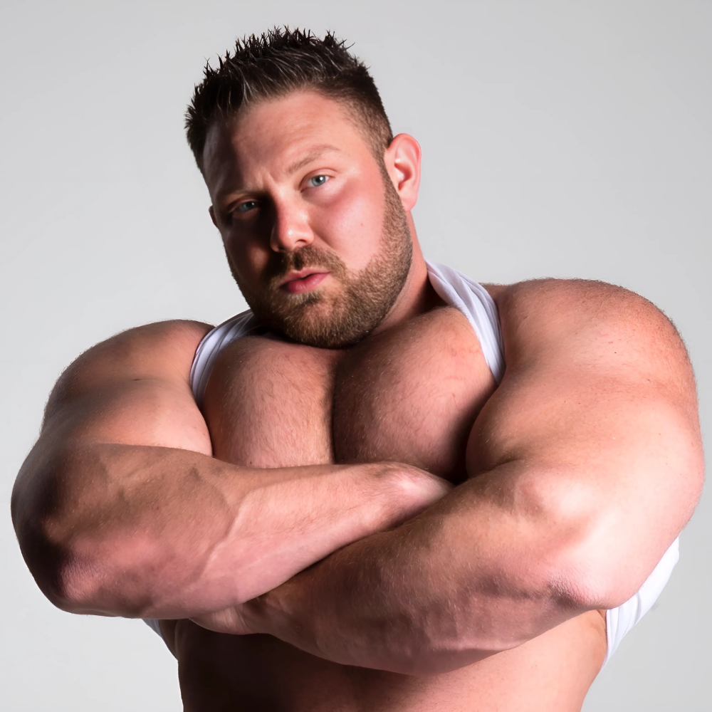 Bodybuilder posing with muscular arms and chest, showcasing strength and fitness in a professional photo shoot.