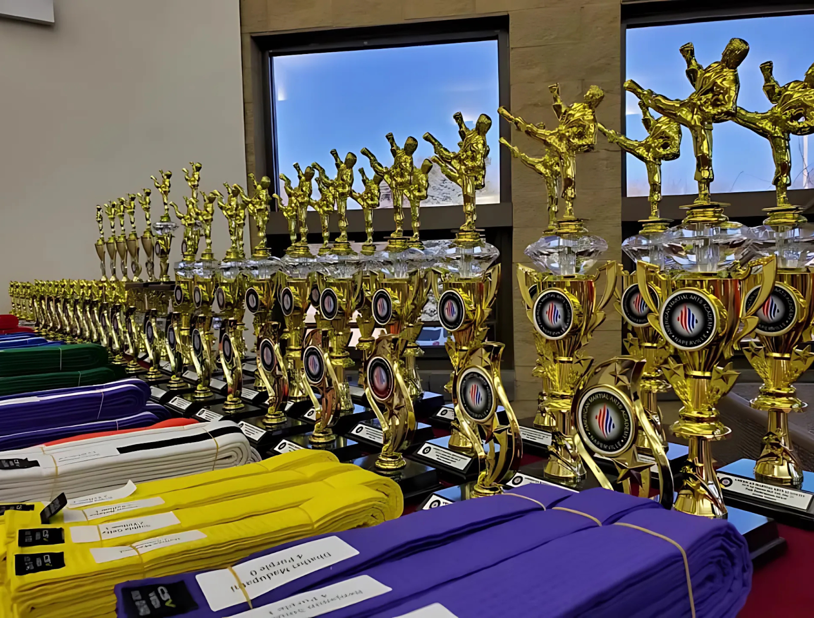 A collection of golden trophies and colored martial arts belts lined up for an award ceremony, showcasing various achievements in martial arts competitions.