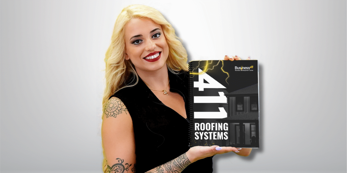 A woman with blonde hair and tattoos is smiling and holding a book titled "411 Roofing Systems" with the Business411 logo on the cover. A woman with blonde hair and tattoos is smiling and holding a book titled "411 Roofing Systems" with the Business411 logo on the cover.