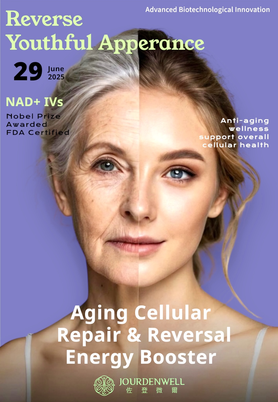 Reverse youthful appearance with NAD+ IVs for anti-aging and wellness. Nobel Prize awarded and FDA certified treatment for cellular health repair and energy boosting. Available June 29, 2025. Jourdenwell advanced biotechnological innovation.