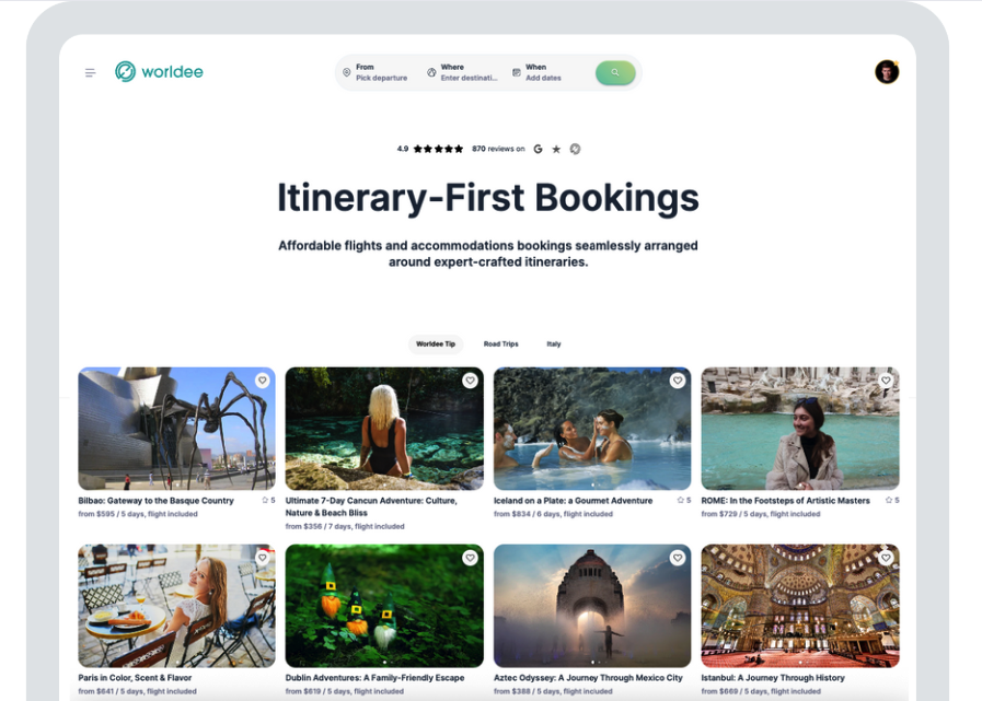 "Screenshot of Worldee's website showcasing itinerary-first bookings, featuring affordable flights and accommodations arranged around expertly crafted itineraries for various travel destinations like Bilbao, Cancun, Iceland, and Rome."
