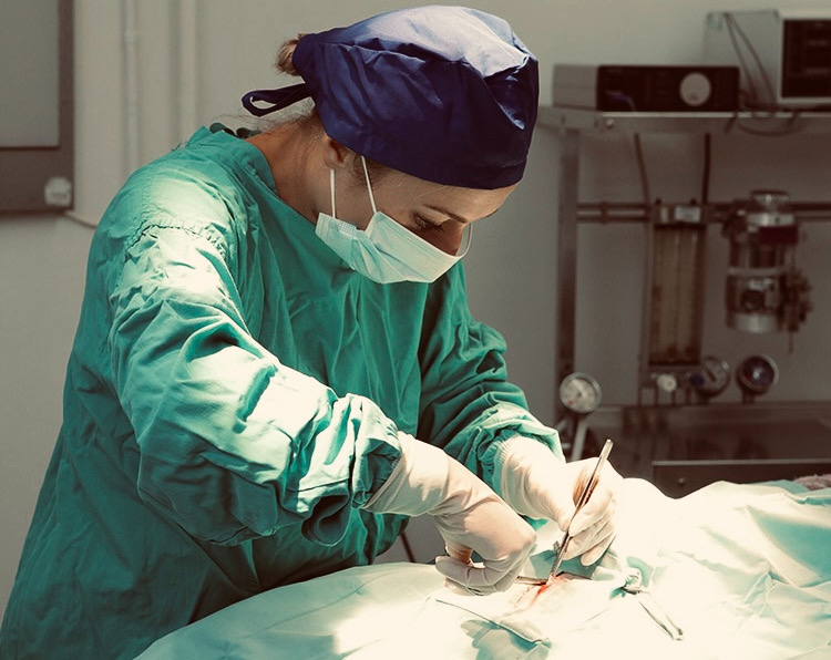 A female surgeon in a green surgical gown and mask is focused on performing surgery, using a scalpel in an operating room.
