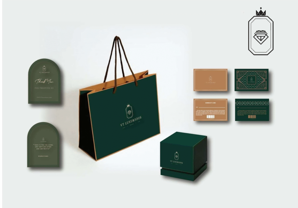 "Elegant mockup showcasing VT Luxurious branding materials, including a thank-you card, warranty card, shopping bag, and gift box with premium green and gold design elements."