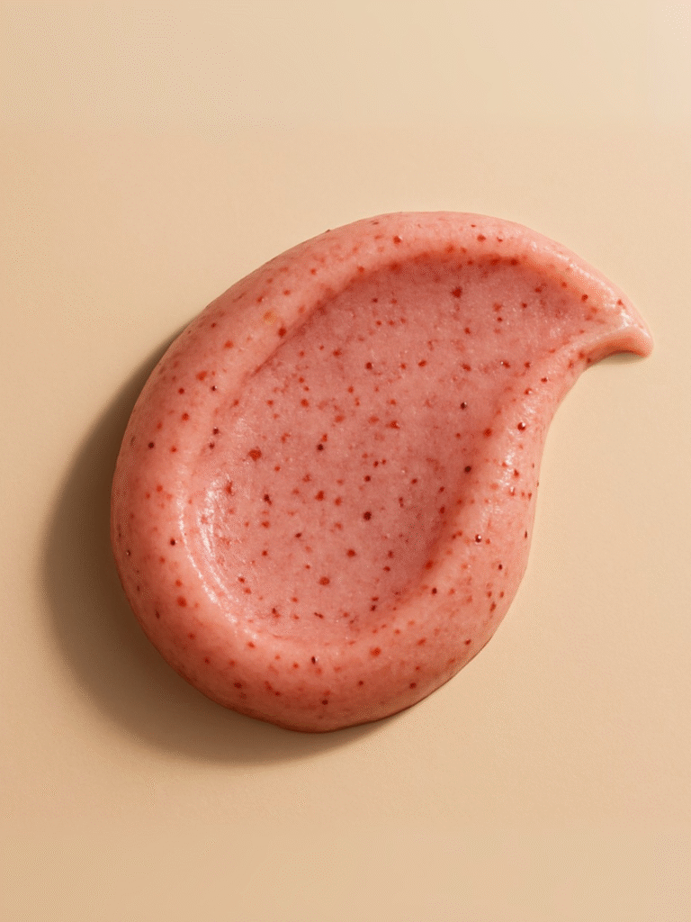 "A close-up of pink skincare product, with a smooth and creamy texture featuring small specks, placed against a beige background."