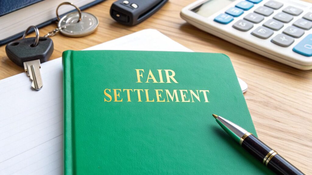 A green notebook labeled "Fair Settlement" is placed on a desk alongside a pen, keys, and a calculator, symbolizing financial or legal proceedings.