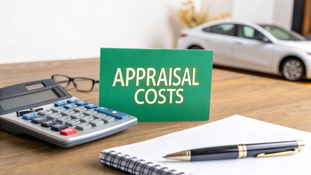 A green sign reading "Appraisal Costs" sits on a desk with a calculator, pen, and notebook, indicating financial matters related to car or property appraisals.