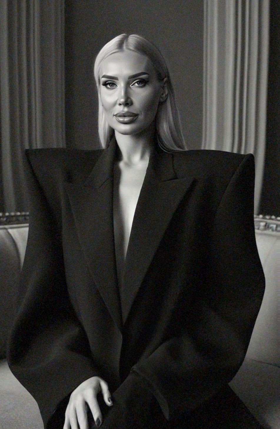 A confident woman dressed in a black oversized blazer with sharp shoulders, exuding sophistication while sitting on a plush couch in a stylish, dark-toned environment.