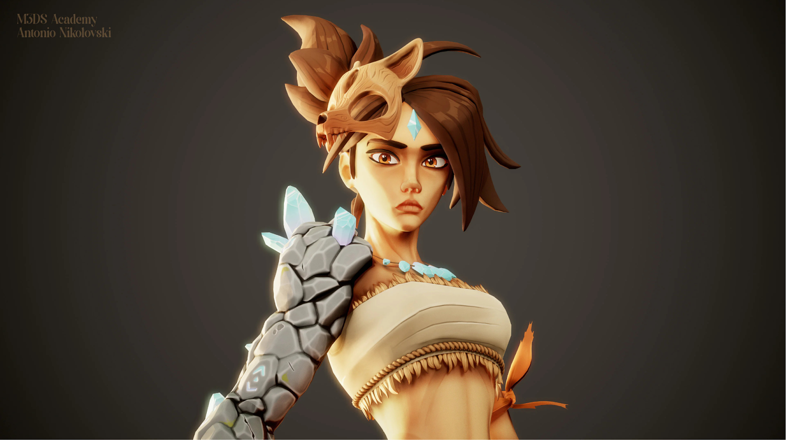 Fantasy character design featuring a young woman with crystal-adorned armor and a wolf skull headpiece, showcasing a bold and confident pose.