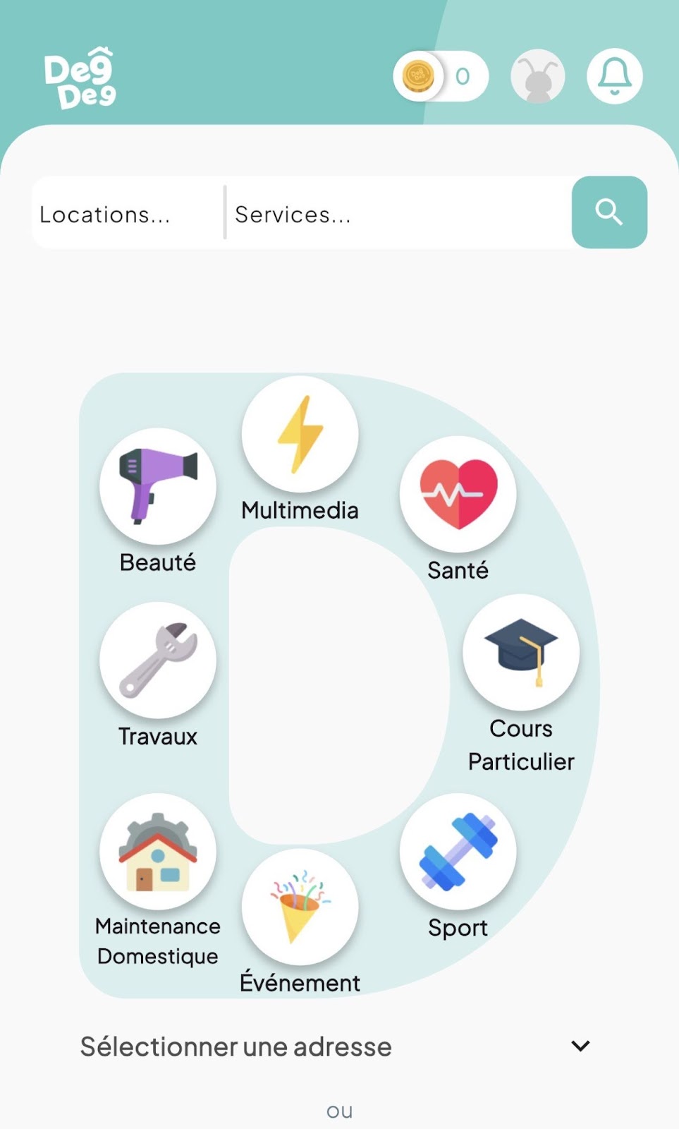 A mobile app interface showcasing various service categories including beauty, multimedia, health, home maintenance, and sports with a search bar at the top, from DegDeg platform.