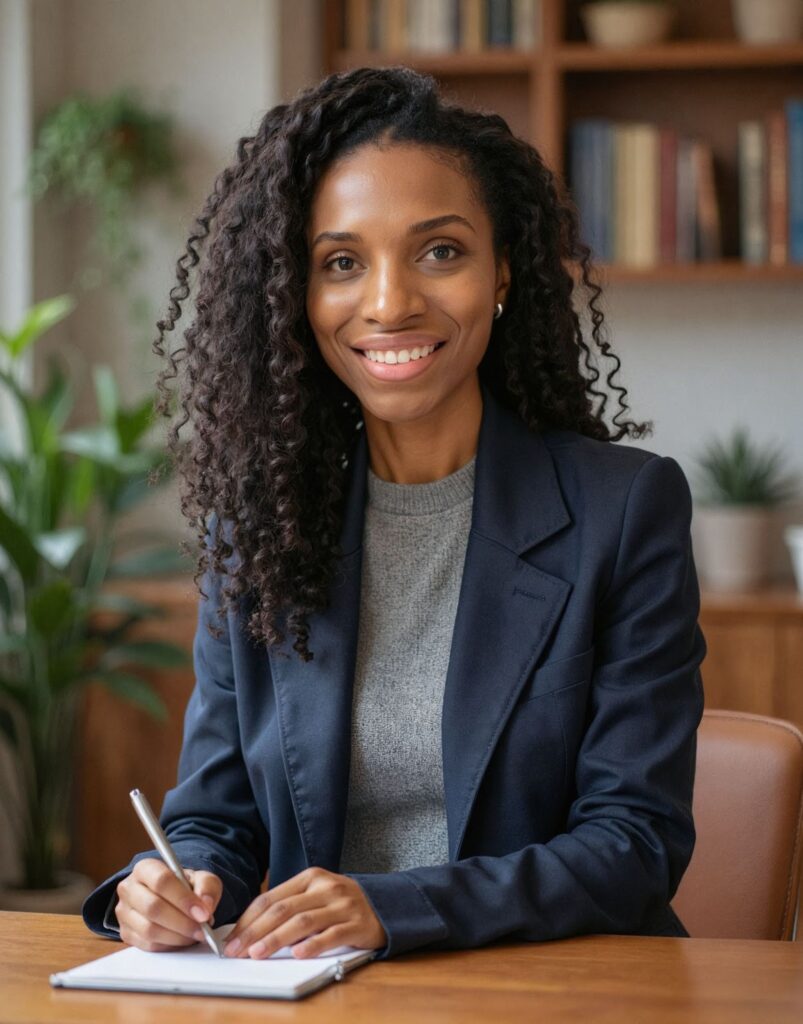 "Smiling young professional woman with curly hair in a navy blazer, sitting at a desk and writing in a notebook. The background features plants and bookshelves, conveying a productive office atmosphere."