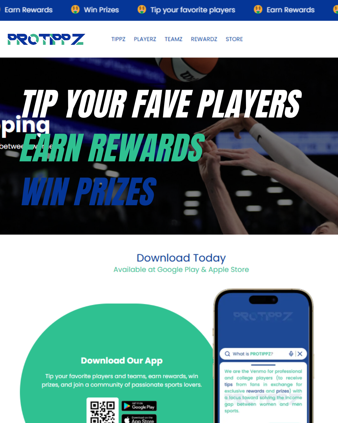 PROTIPPZ website highlighting the mission to bridge the income gap between men and women's sports, encouraging users to sign up and start tipping their favorite players for rewards.