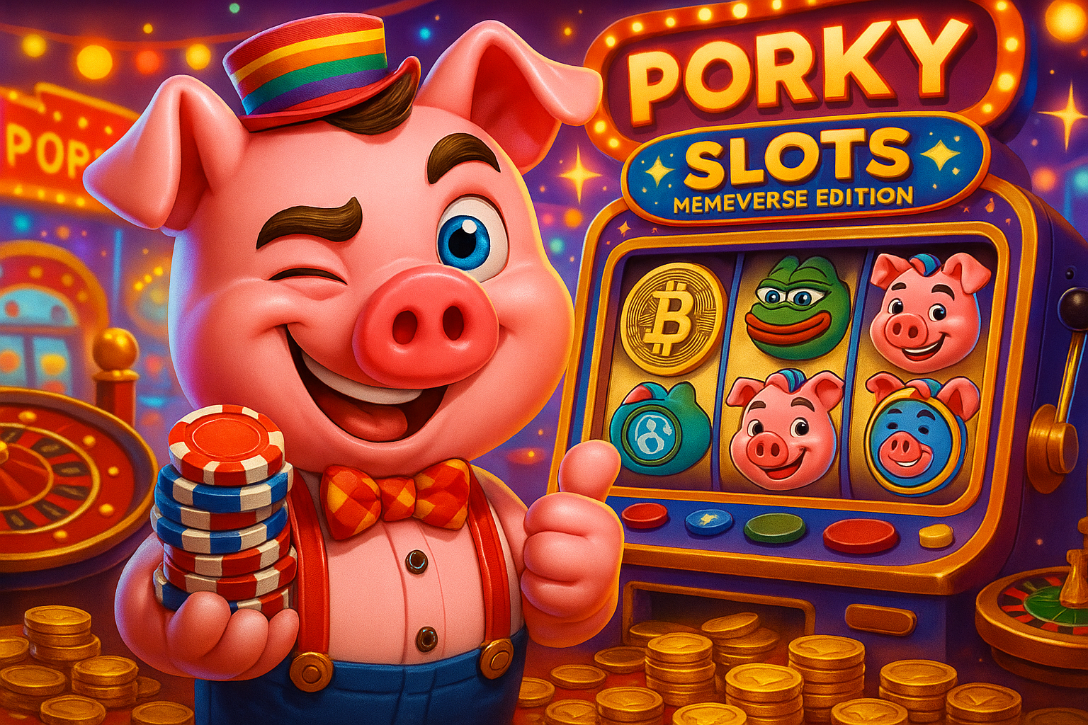 Colorful cartoon pig character winking and holding chips next to a 'Porky Slots' Memeverse Edition slot machine featuring Bitcoin and meme-based symbols, representing a fun and quirky online casino game.