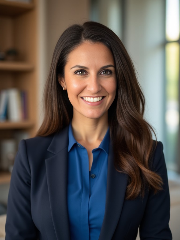 "Professional portrait of a woman with long brunette hair wearing a blue blouse and a navy blazer, smiling confidently in a business setting."