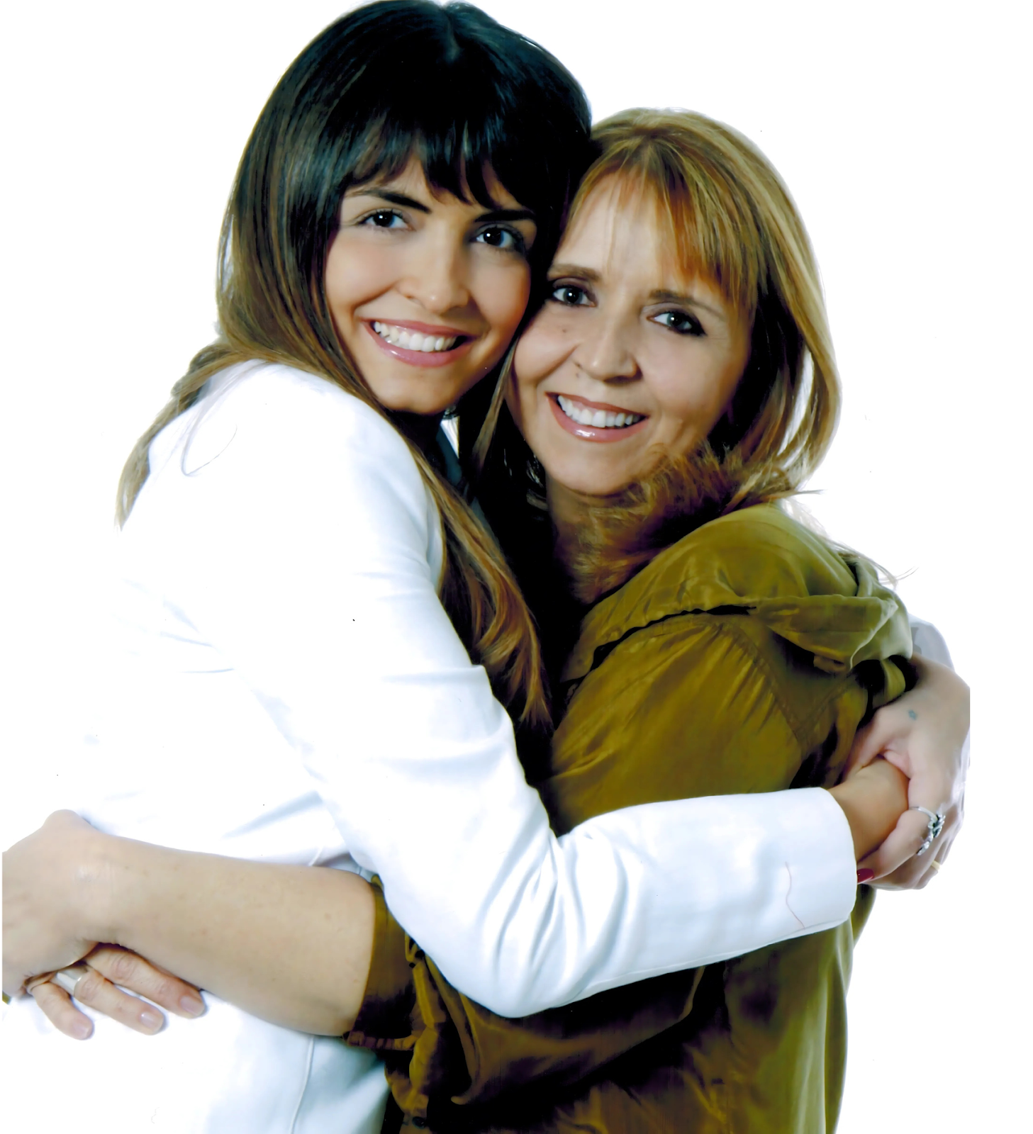 Portrait of a mother and daughter hugging, both smiling and dressed casually, with a white background.