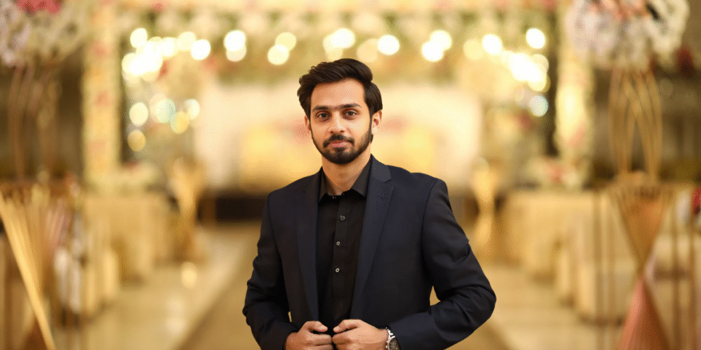 "A professional young man dressed in a black suit, standing confidently at a luxury event venue with a blurred background of soft lighting and elegant decor."