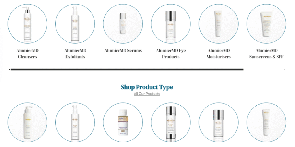 "AlumierMD skincare product range featuring cleansers, exfoliants, serums, eye products, moisturizers, and sunscreens. High-quality medical-grade skincare for healthy skin."
